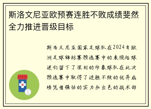 斯洛文尼亚欧预赛连胜不败成绩斐然全力推进晋级目标