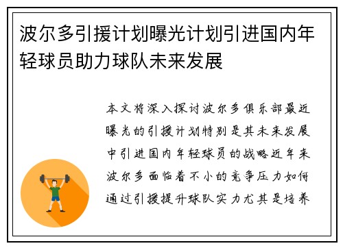 波尔多引援计划曝光计划引进国内年轻球员助力球队未来发展