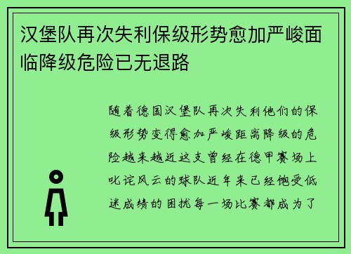 汉堡队再次失利保级形势愈加严峻面临降级危险已无退路