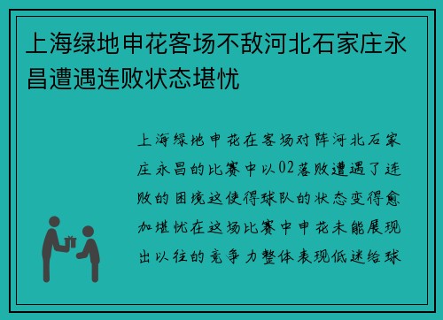 上海绿地申花客场不敌河北石家庄永昌遭遇连败状态堪忧